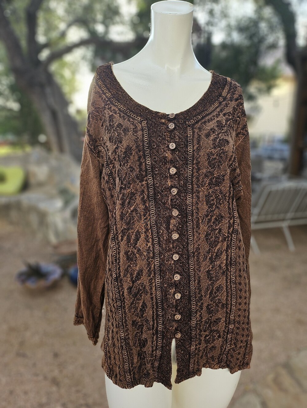 Sacred Threads Brown Rayon Free Size Tunic Blouse Embroidered Boho Hippie